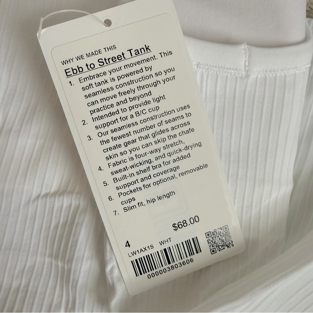 NWT Lululemon Ebb To Street Tank White Size 4 - Picture 4 of 8